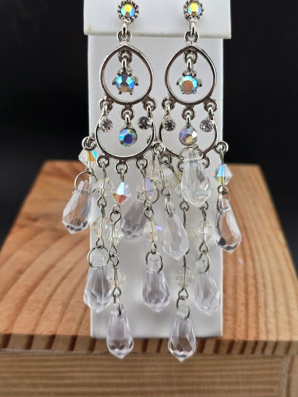Crystal Chandelier Earrings Aurora Borealis Rhinestones Pierced 4"